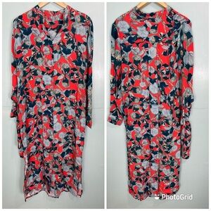 Anthropologie Blank London Red Orange Green Leaf Button Up Shirt Dress‎ Sz S